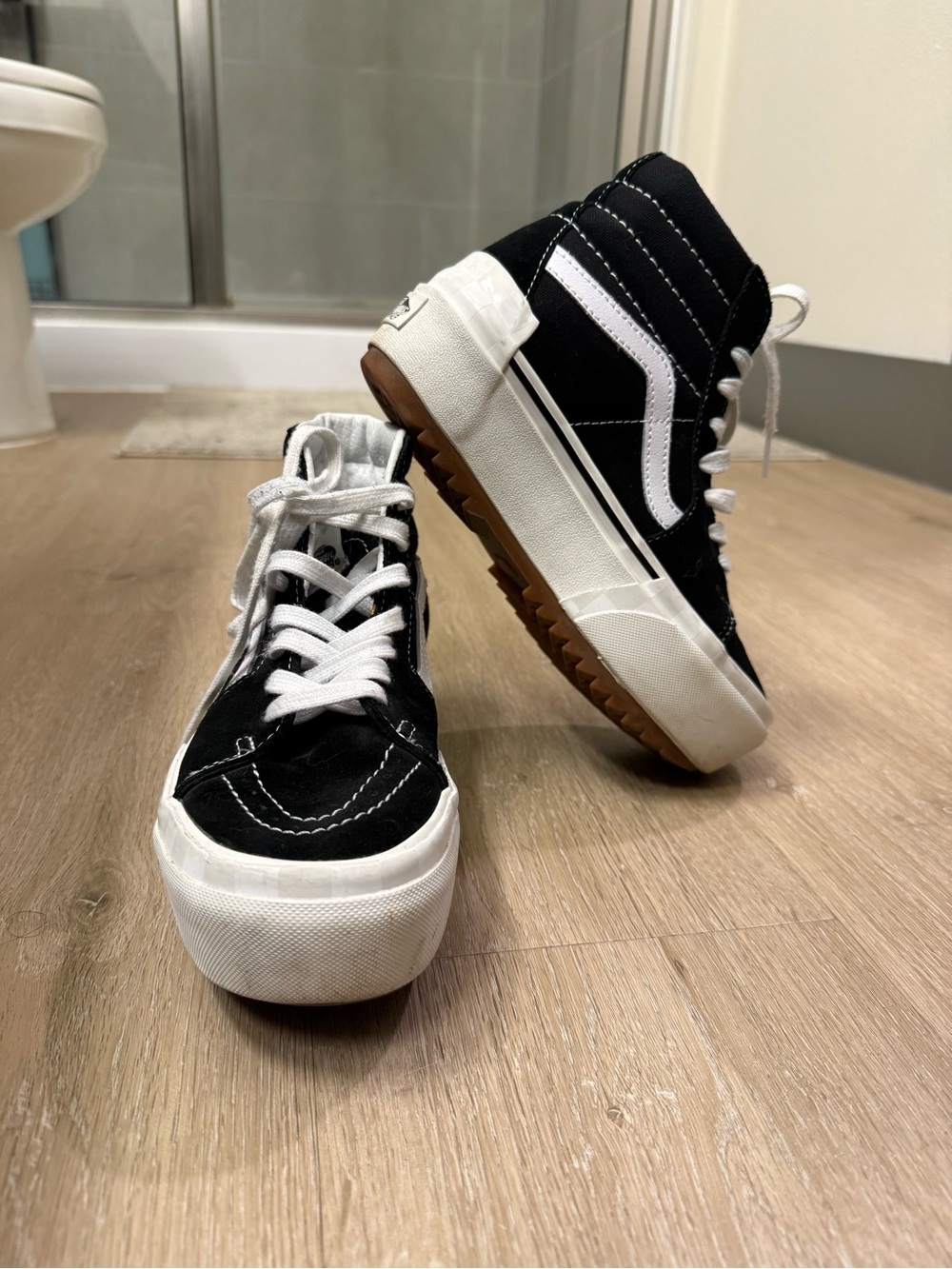 Vans Sk8-Hi Stacked Black, White & Gum Platform Shoes - Picture 3 of 10